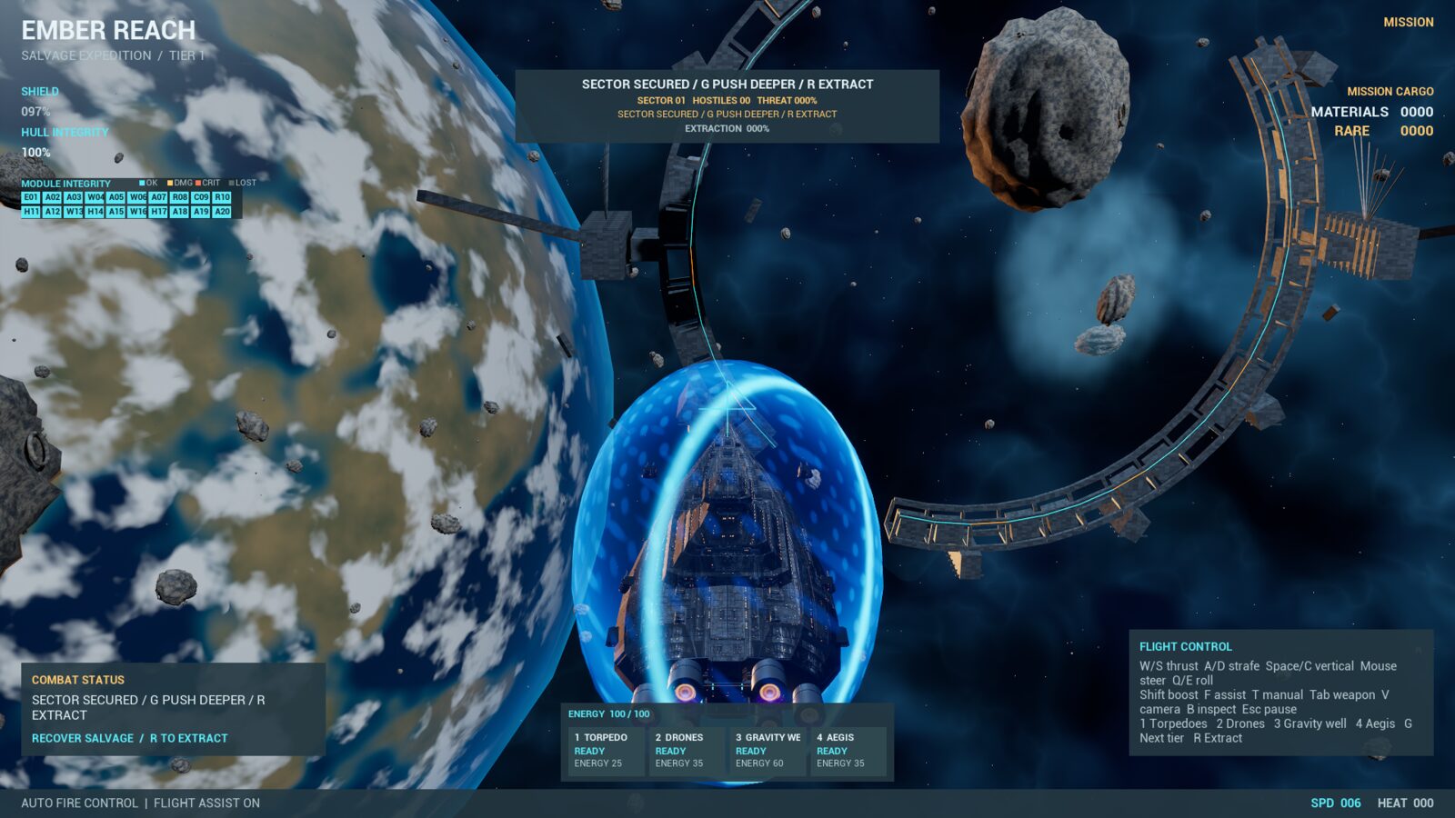 Starship with an expanded energy shield above the orbital ring